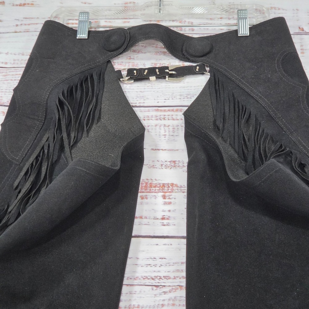 Hobby Horse Show Chaps Womens Medium Black Good Ultrasuede Fringe Western Riding - Picture 8 of 16